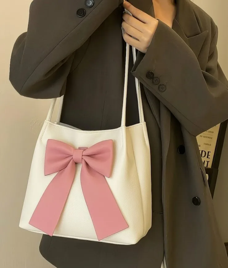 Korean Style Shoulder Bag with Pink Bow Accent | Cute Coquette PU Leather Handbag for Women